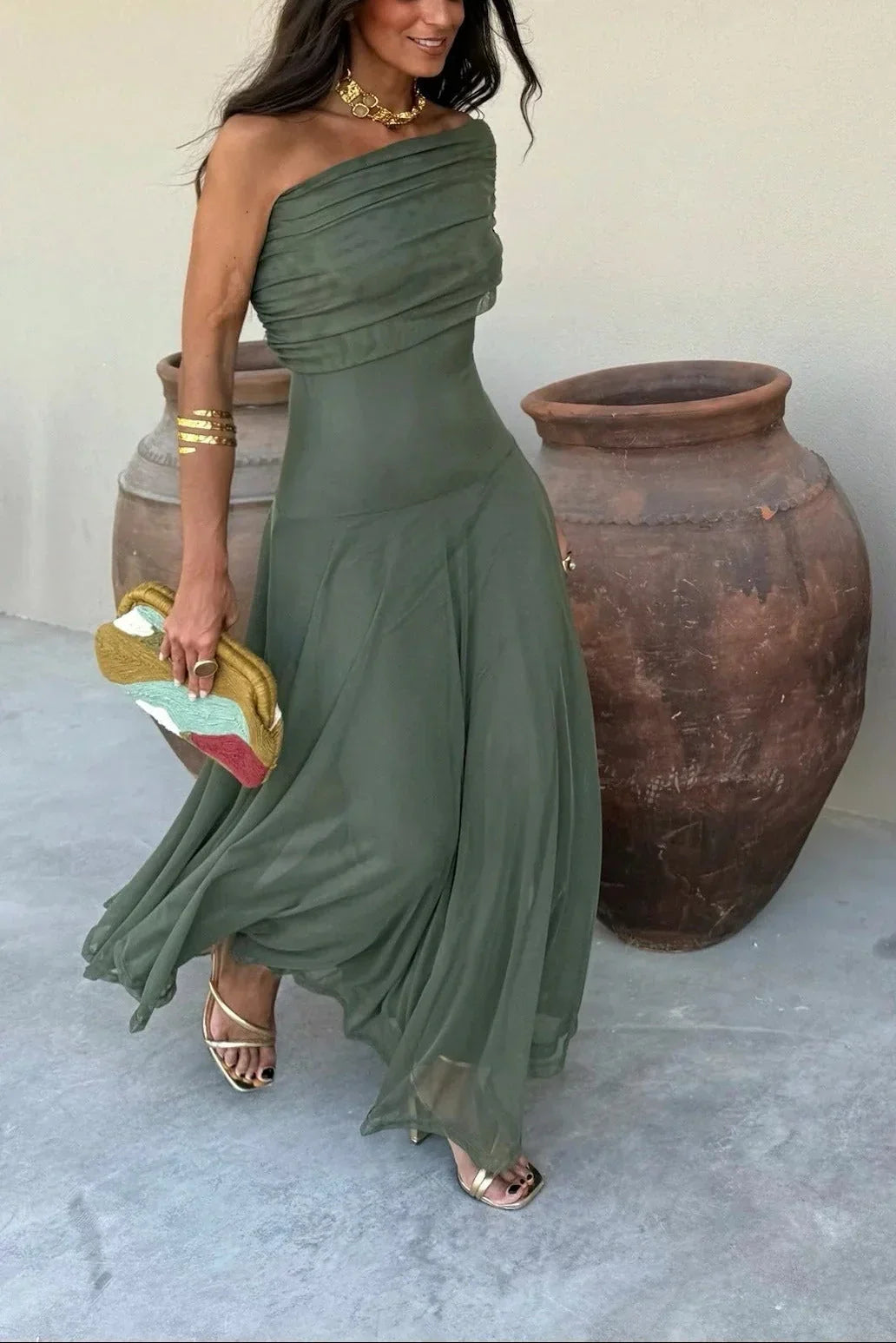 Women's One Shoulder Pleated Maxi Dress