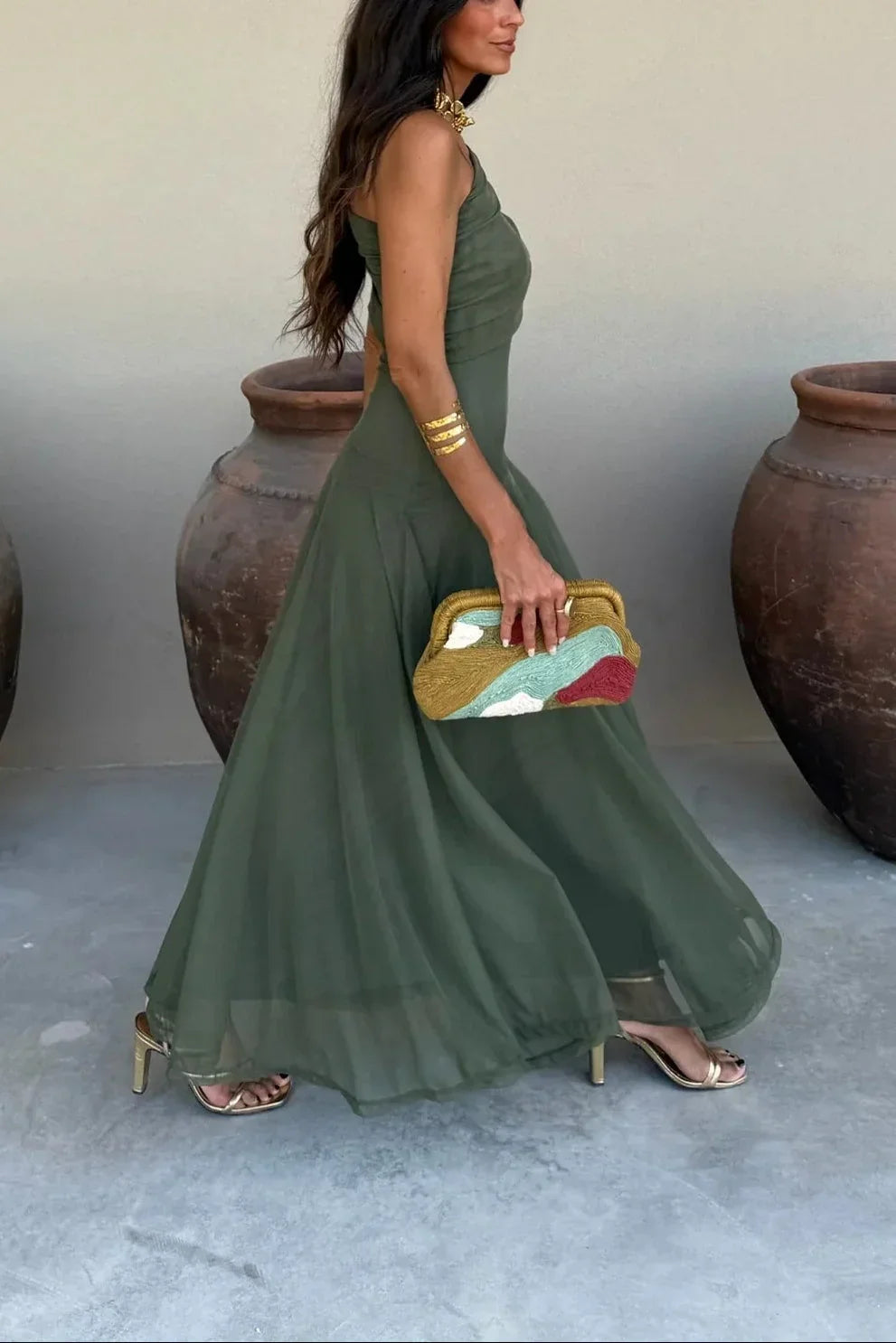 Women's One Shoulder Pleated Maxi Dress