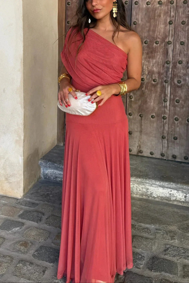 Women's One Shoulder Pleated Maxi Dress
