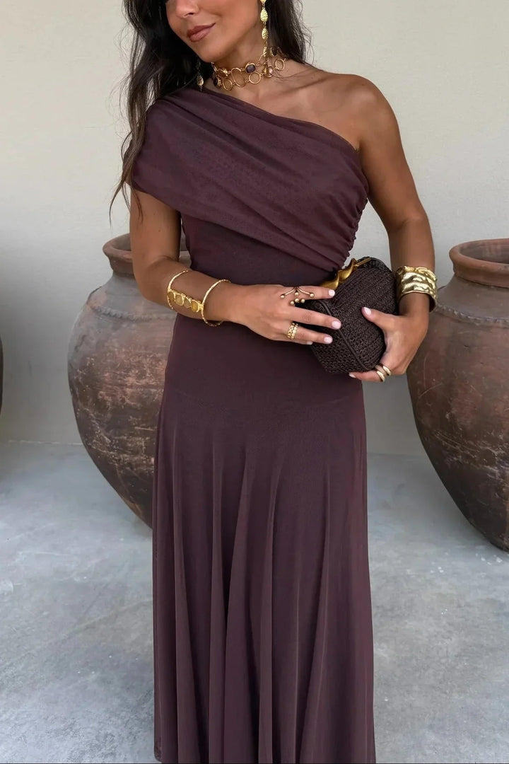 Women's One Shoulder Pleated Maxi Dress