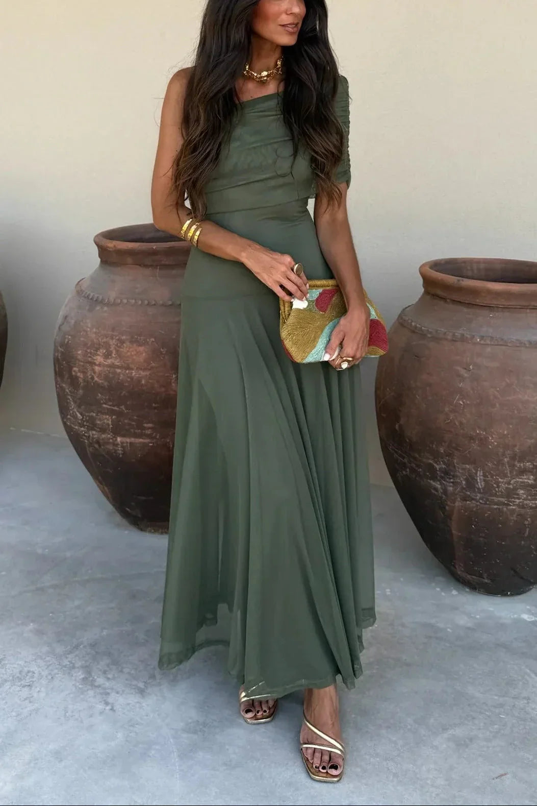 Women's One Shoulder Pleated Maxi Dress