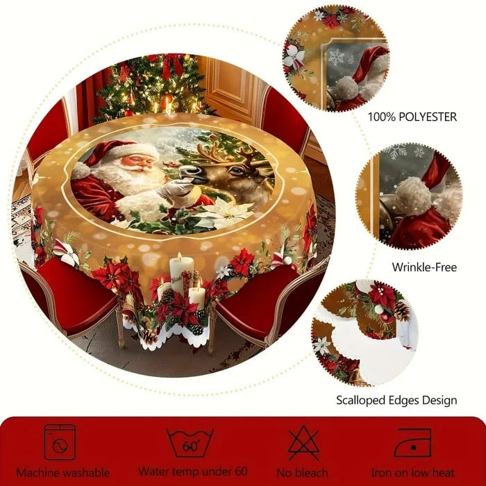 Round Christmas Tablecloth with Scalloped Edges and Festive Poinsettia Design - Image 5