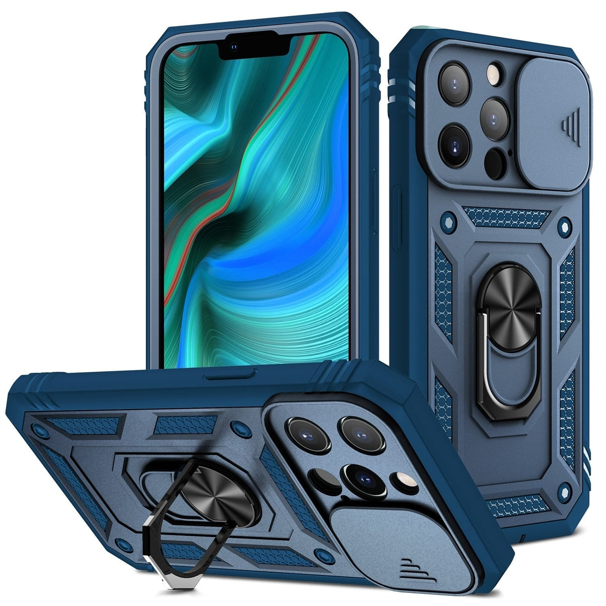 Rugged Phone Case with Shockproof Armor Sliding Camera Cover and Ring Kickstand - Image 1