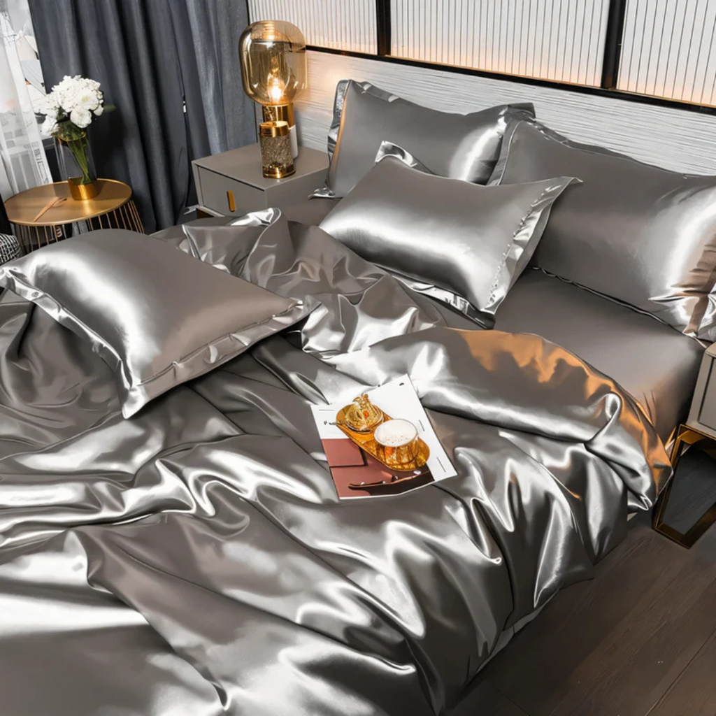Satin Bedding Set with Duvet Cover and Pillowcases Smooth Silky Sheets - Image 1
