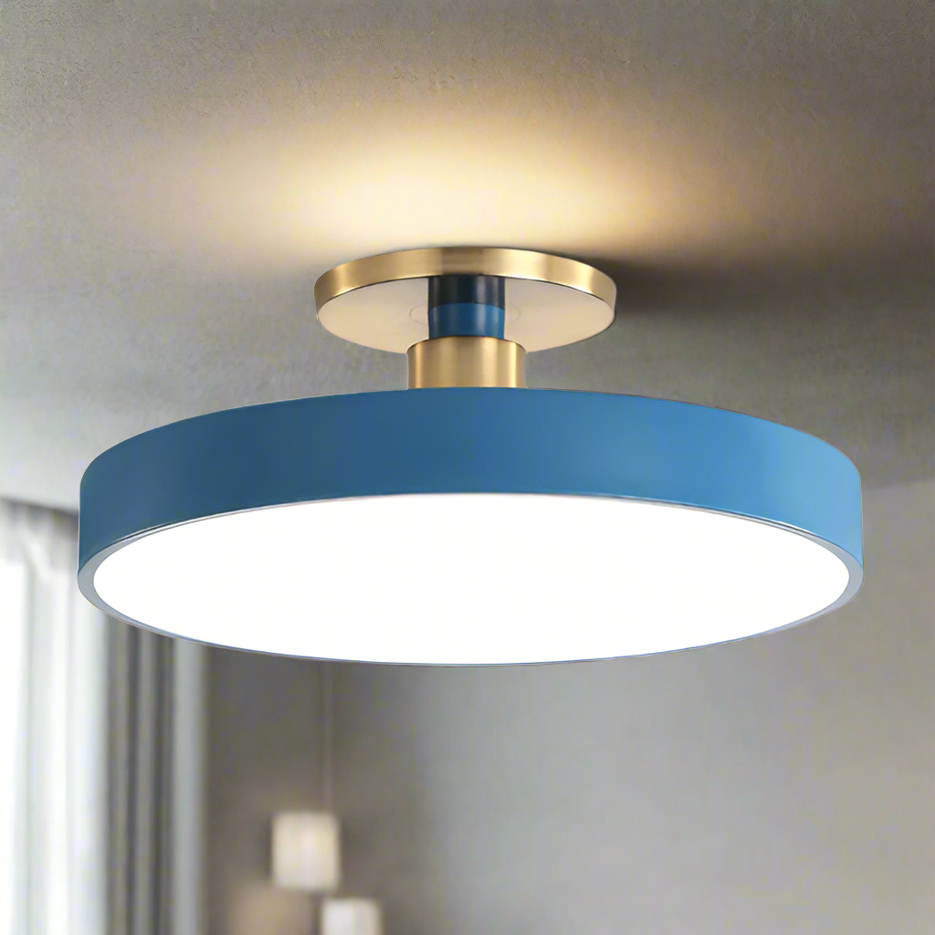 Semi Flush Ceiling Light Fixture with LED Drum Shade and Brushed Brass Canopy - Image 1
