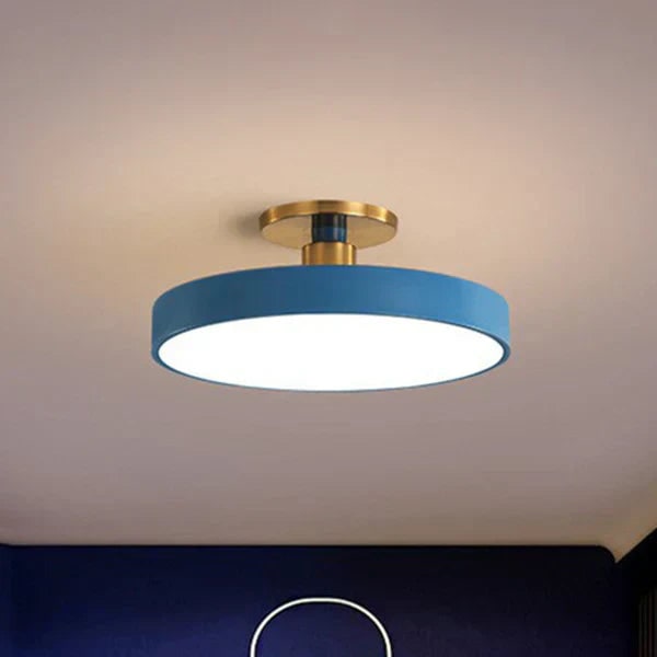 Semi Flush Ceiling Light Fixture with LED Drum Shade and Brushed Brass Canopy - Image 2