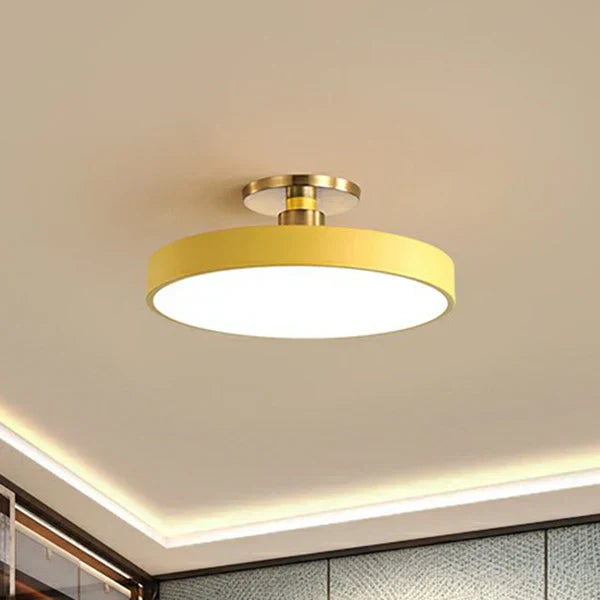Semi Flush Ceiling Light Fixture with LED Drum Shade and Brushed Brass Canopy - Image 3