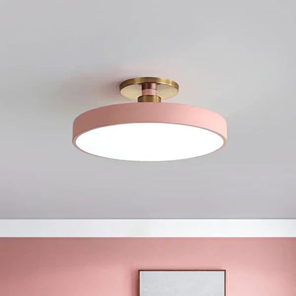 Semi Flush Ceiling Light Fixture with LED Drum Shade and Brushed Brass Canopy - Image 4