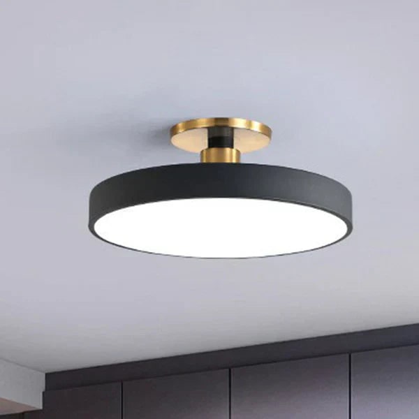 Semi Flush Ceiling Light Fixture with LED Drum Shade and Brushed Brass Canopy - Image 6