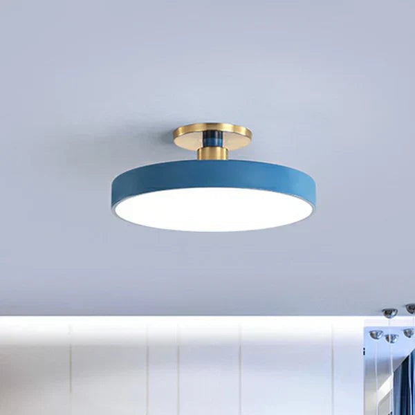 Semi Flush Ceiling Light Fixture with LED Drum Shade and Brushed Brass Canopy - Image 7
