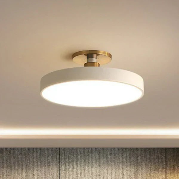 Semi Flush Ceiling Light Fixture with LED Drum Shade and Brushed Brass Canopy - Image 9