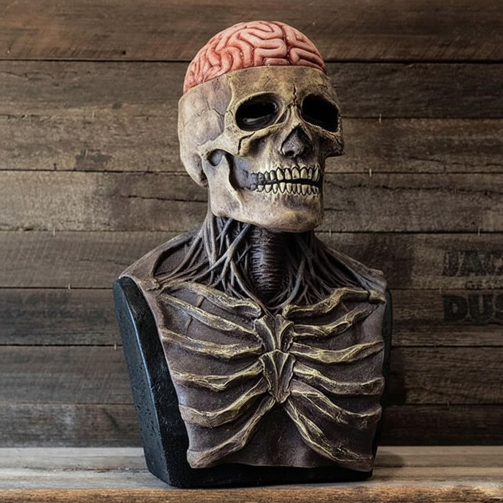 Skull Mask with Exposed Brain and Skeleton Chest Plate Latex Halloween Costume - Image 1