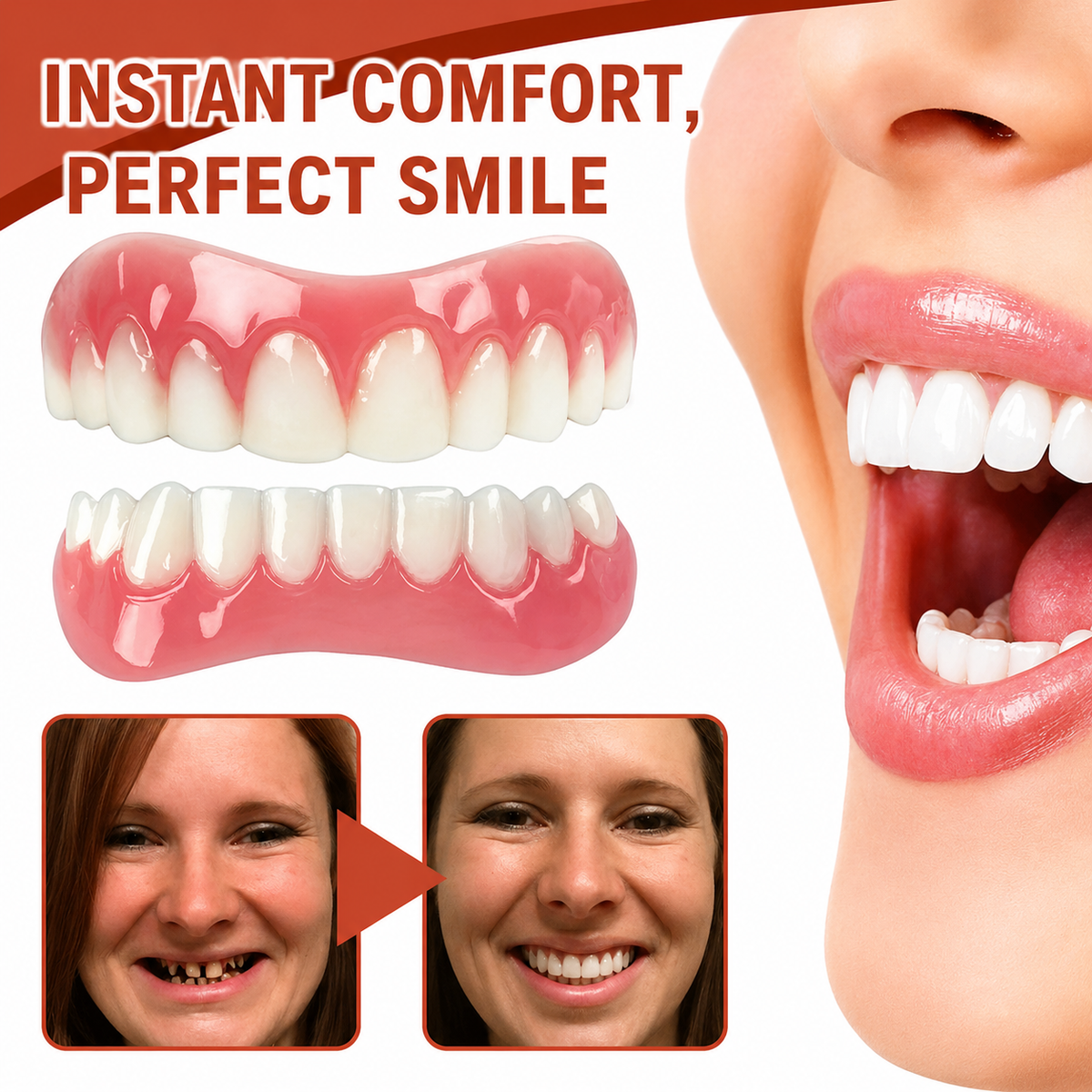 Snap on Veneers Moldable Fake Teeth with Upper and Lower Set Simulated Gums - Image 1