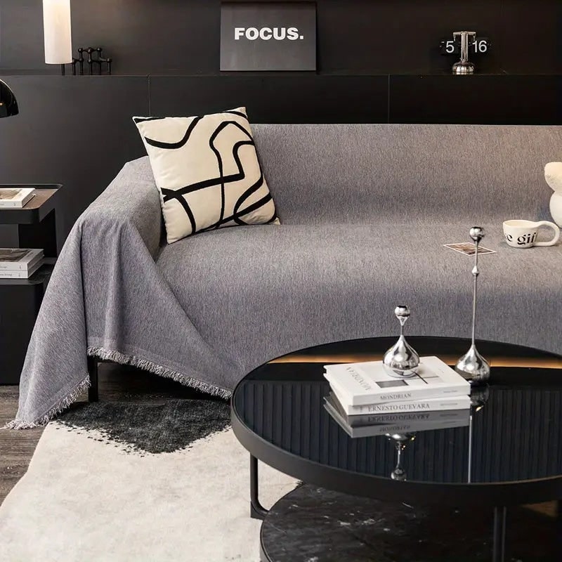 Sofa Couch Cover Throw with Woven Herringbone Pattern and Fringed Edges - Image 1