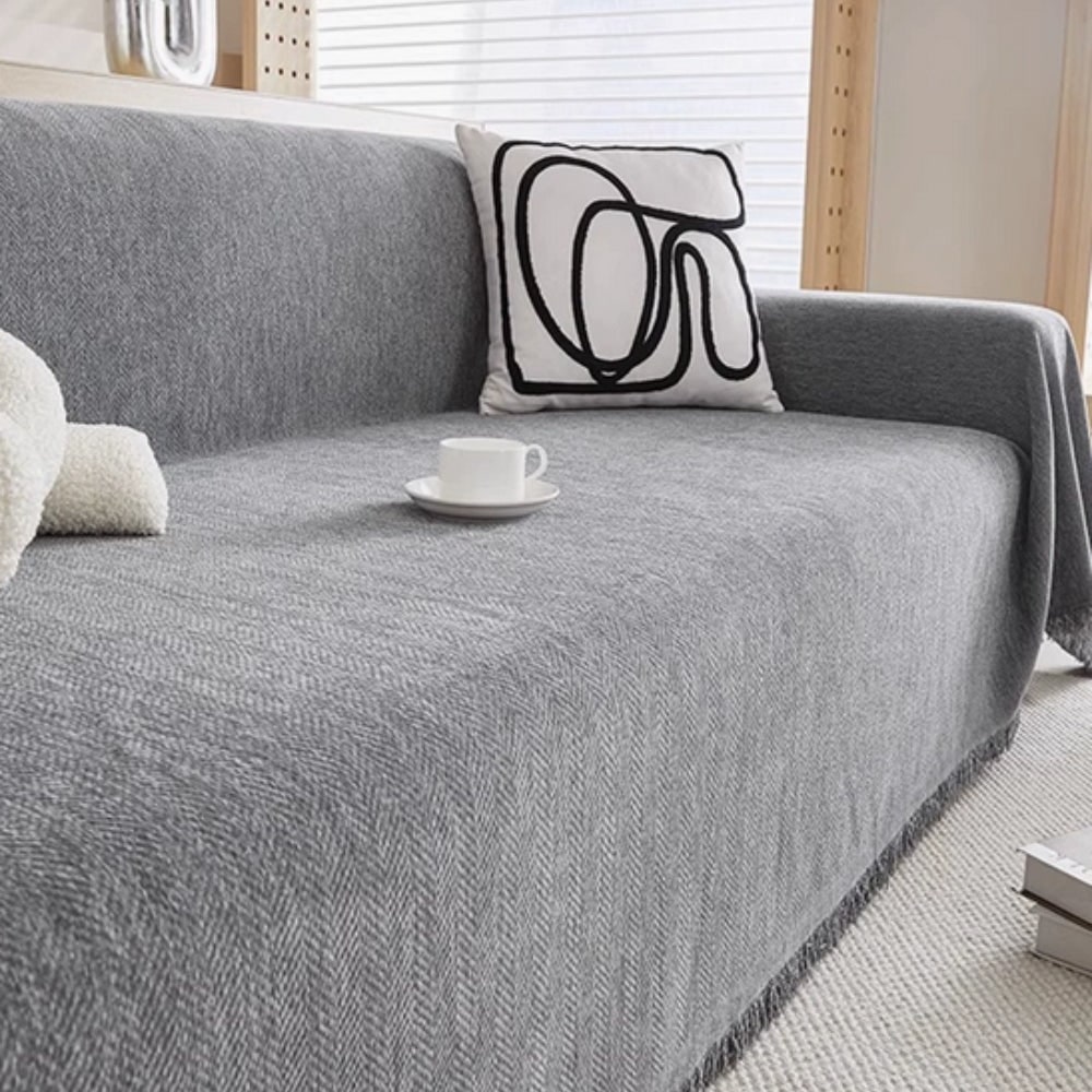 Sofa Couch Cover Throw with Woven Herringbone Pattern and Fringed Edges - Image 2