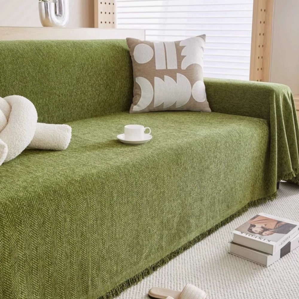 Sofa Couch Cover Throw with Woven Herringbone Pattern and Fringed Edges - Image 3