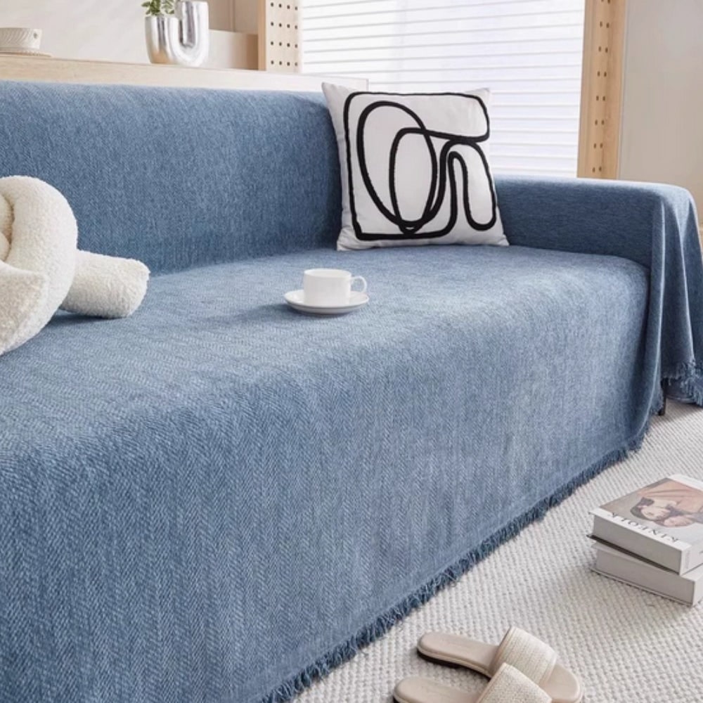 Sofa Couch Cover Throw with Woven Herringbone Pattern and Fringed Edges - Image 4