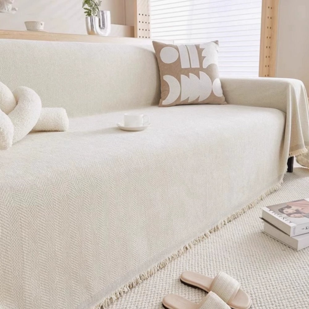 Sofa Couch Cover Throw with Woven Herringbone Pattern and Fringed Edges - Image 6