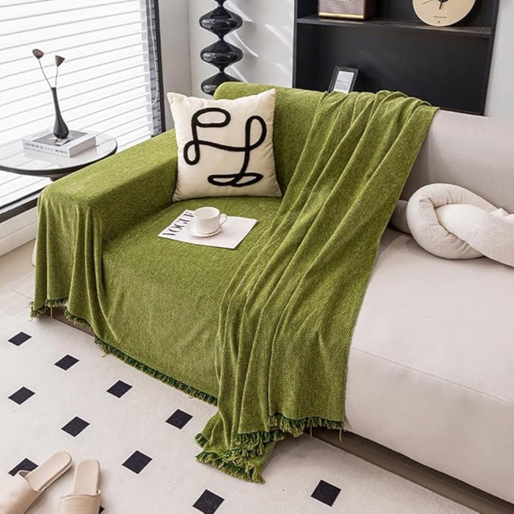 Sofa Couch Cover Throw with Woven Herringbone Pattern and Fringed Edges - Image 7