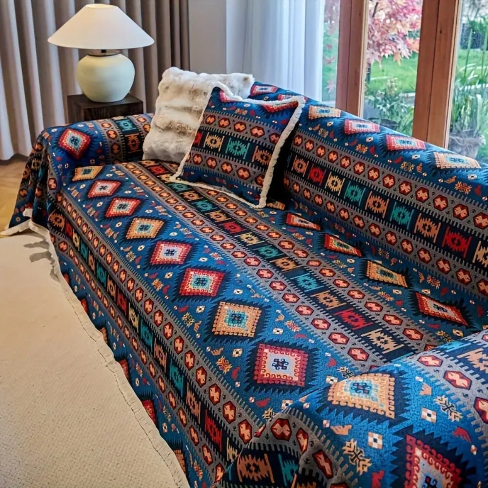 Sofa Throw Blanket with Geometric Bohemian Pattern and Fringe Trim - Image 2