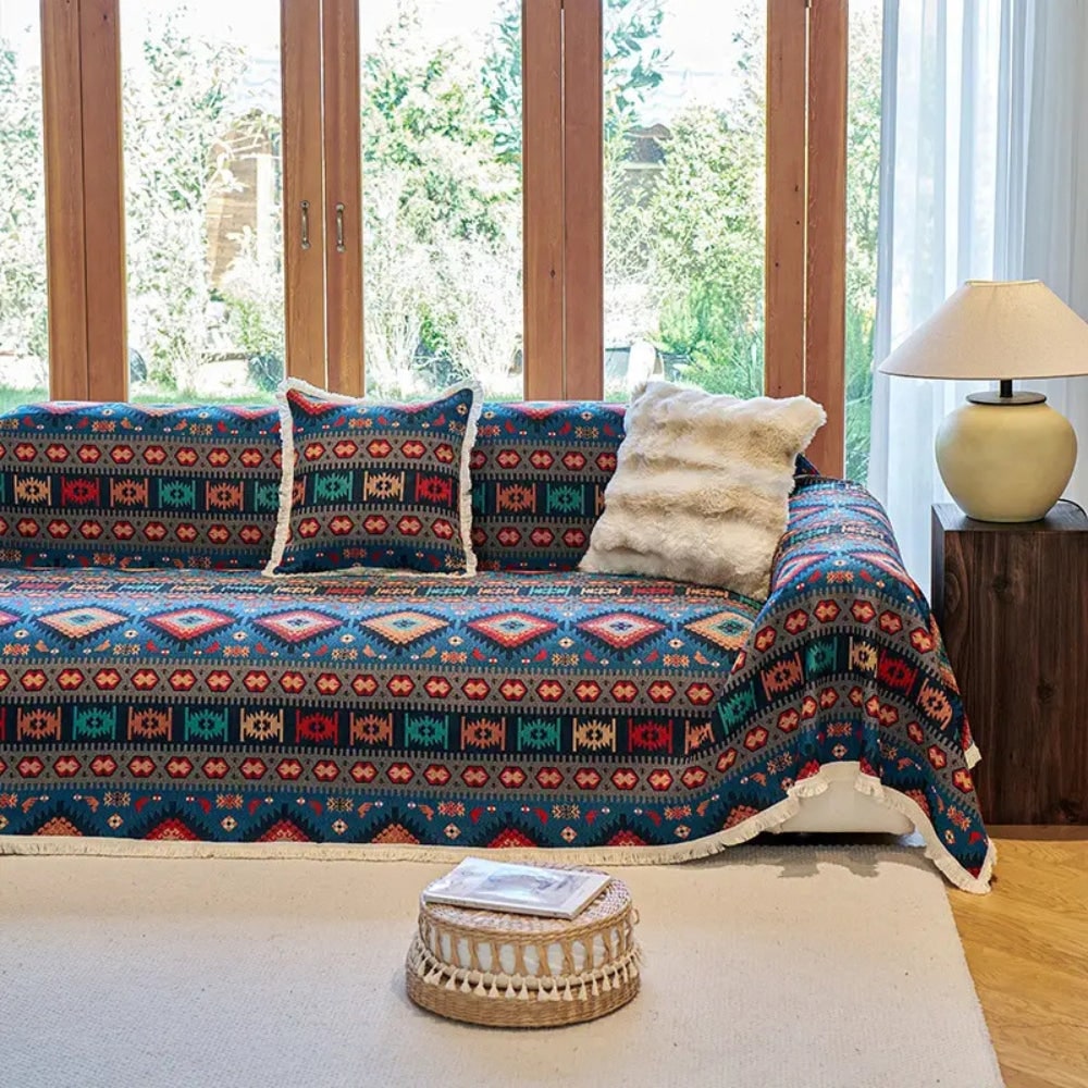 Sofa Throw Blanket with Geometric Bohemian Pattern and Fringe Trim - Image 3