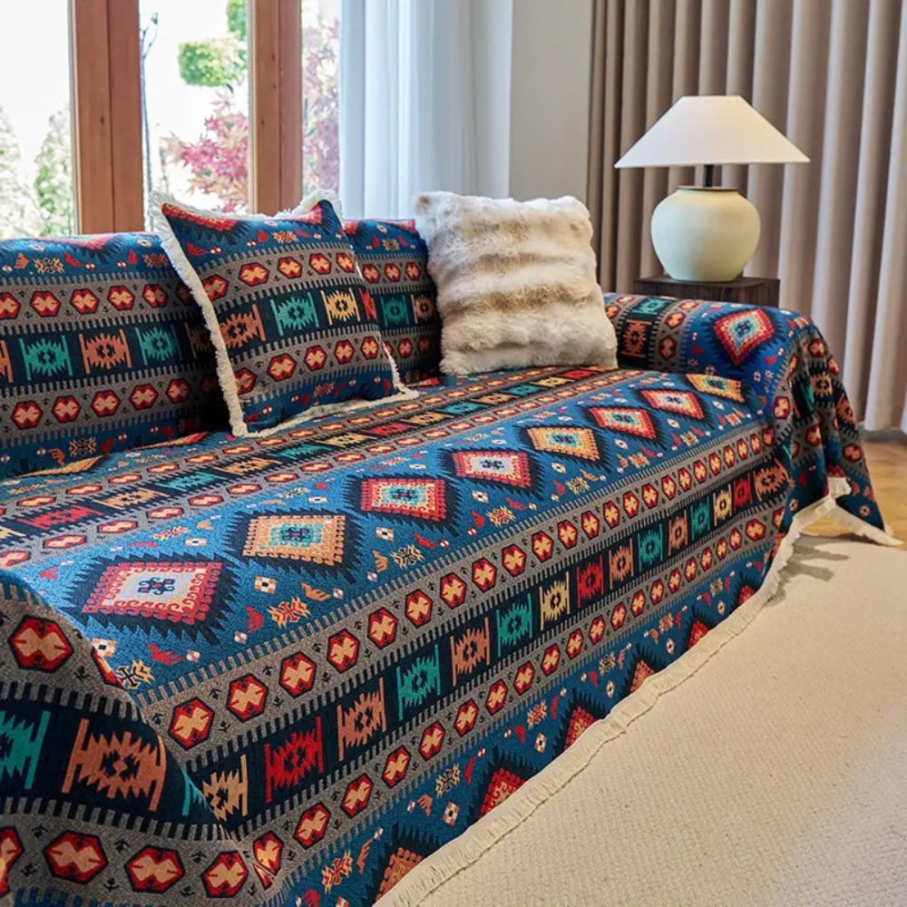 Sofa Throw Blanket with Geometric Bohemian Pattern and Fringe Trim - Image 7