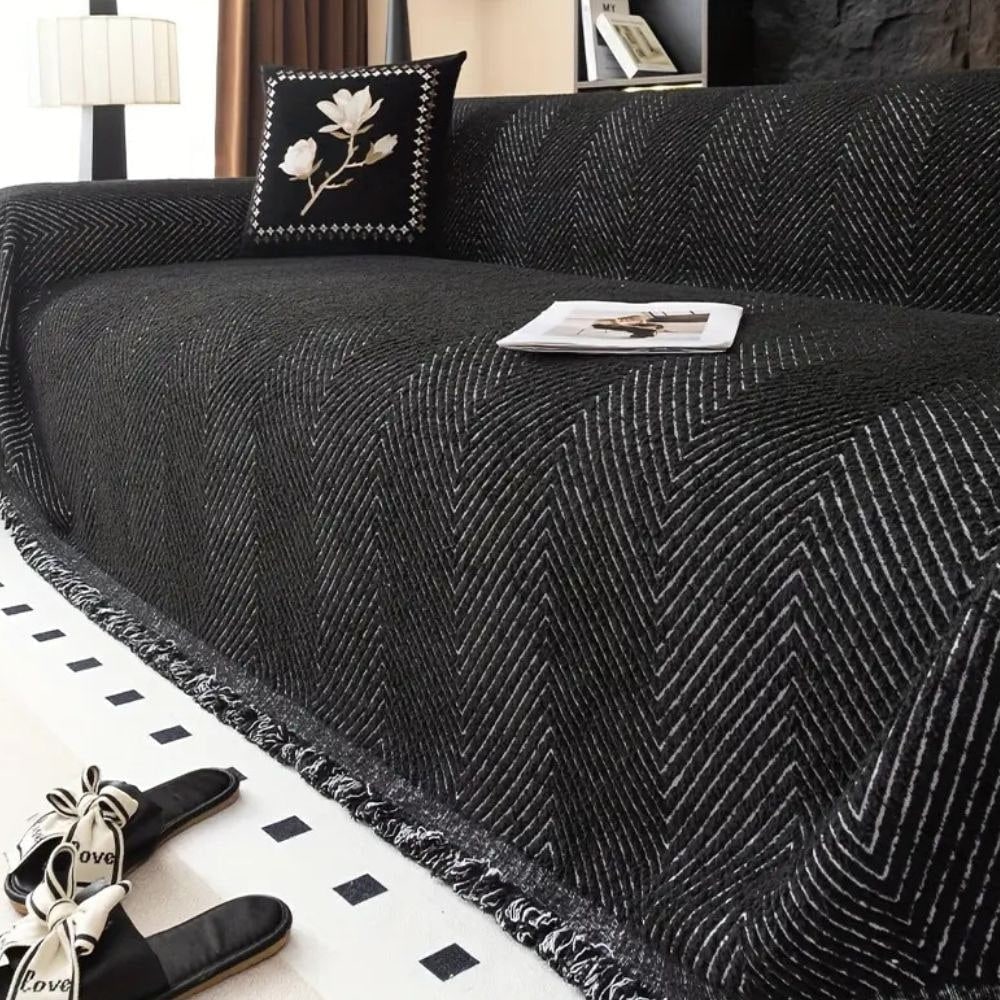 Sofa Throw Blanket Woven Herringbone with Fringed Tassels and Textured Weave - Image 1