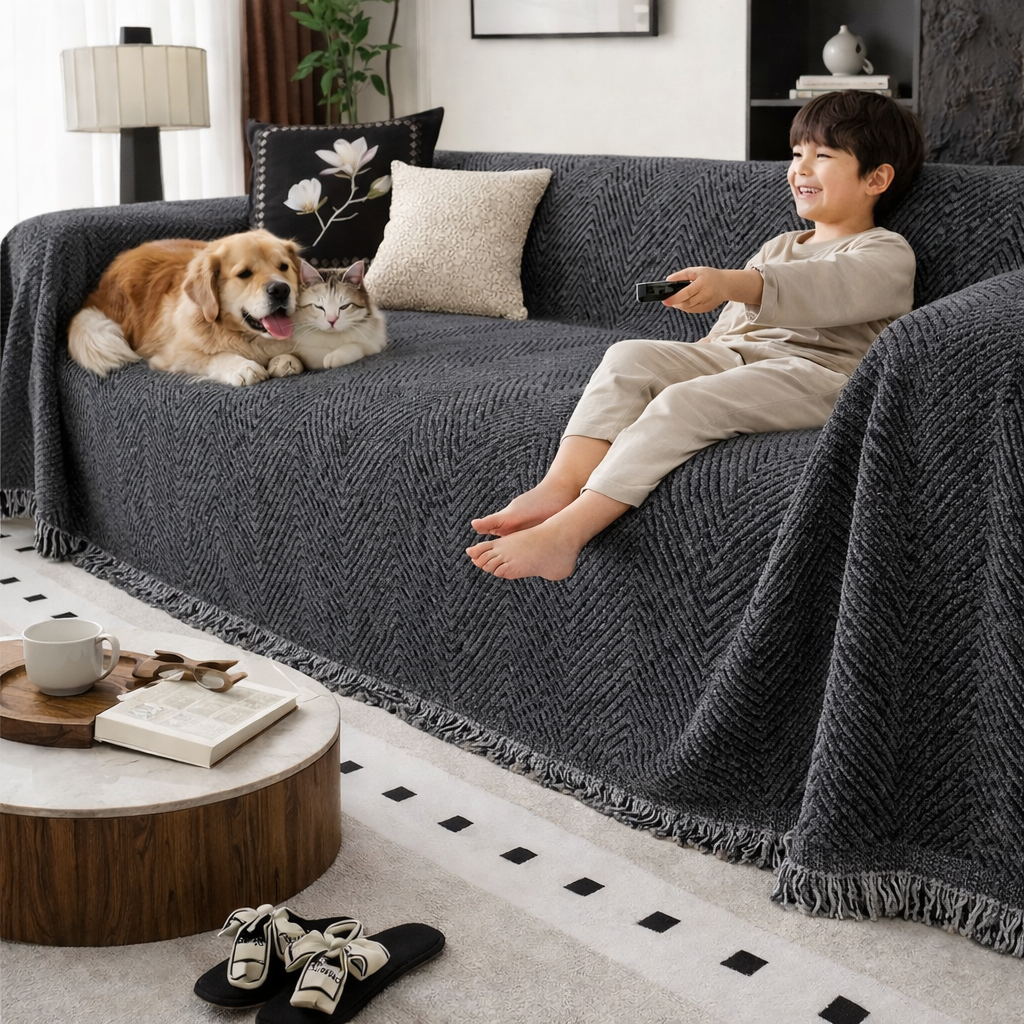 Sofa Throw Blanket Woven Herringbone with Fringed Tassels and Textured Weave - Image 3