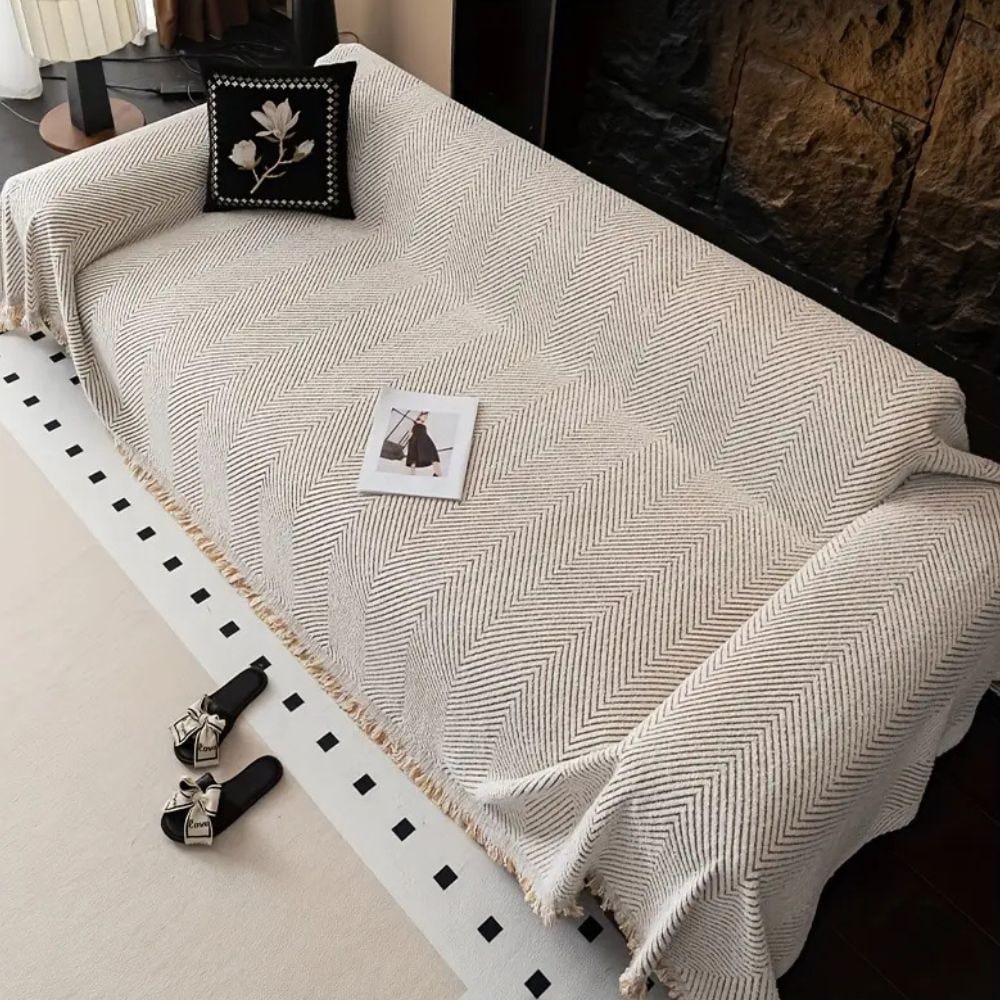 Sofa Throw Blanket Woven Herringbone with Fringed Tassels and Textured Weave - Image 7