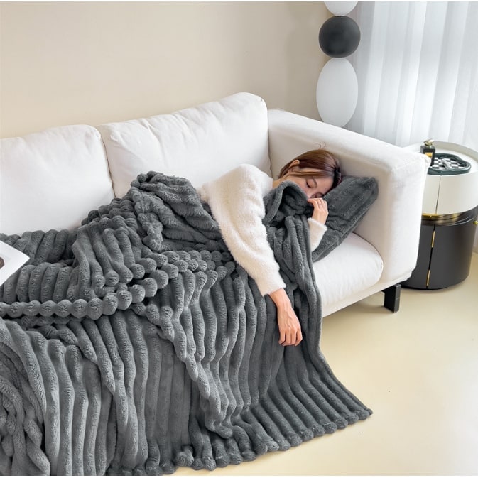 Soft Faux Fur Blanket with Plush Pile Ribbed Texture and Matching Pillowcase - Image 10