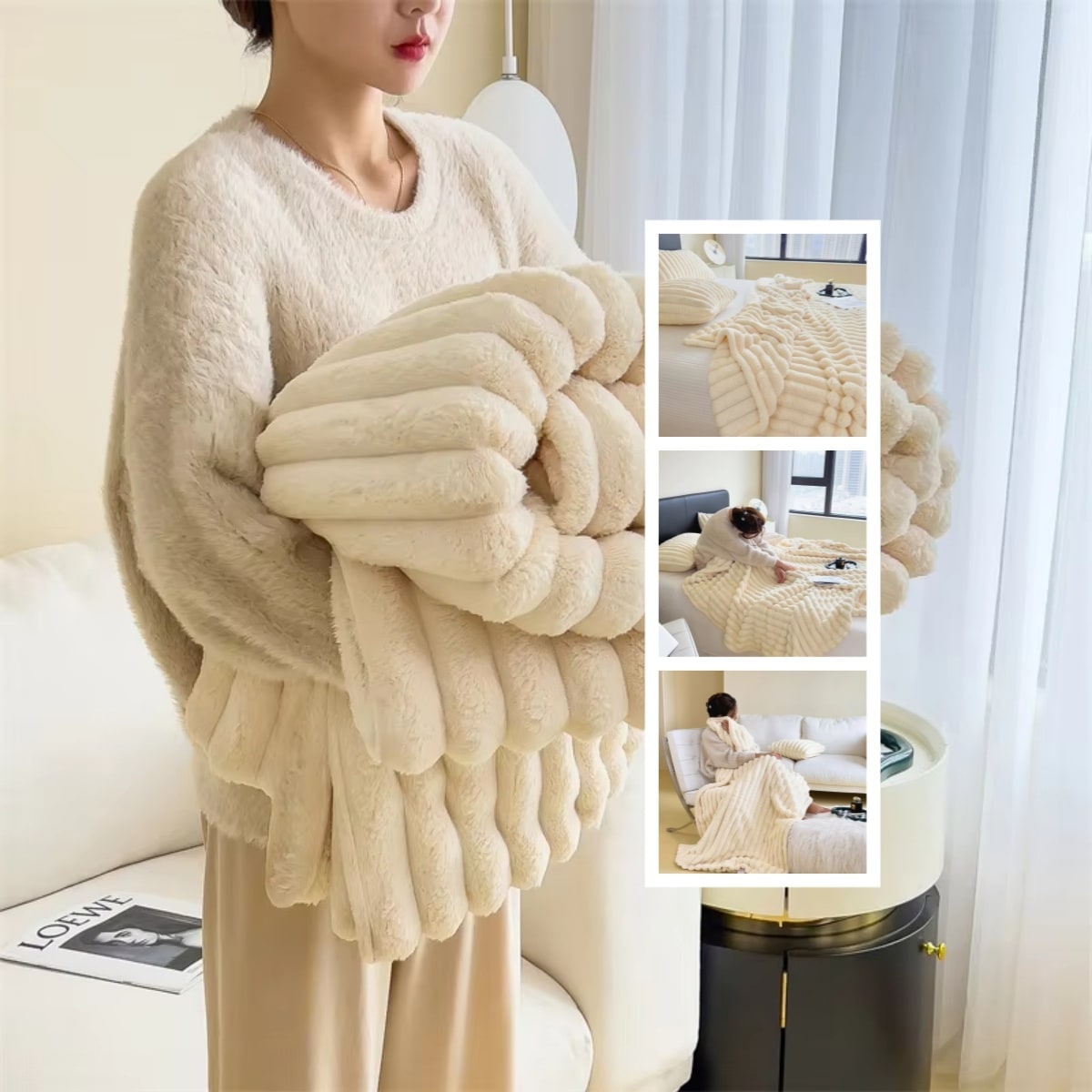 Soft Faux Fur Blanket with Plush Pile Ribbed Texture and Matching Pillowcase - Image 14