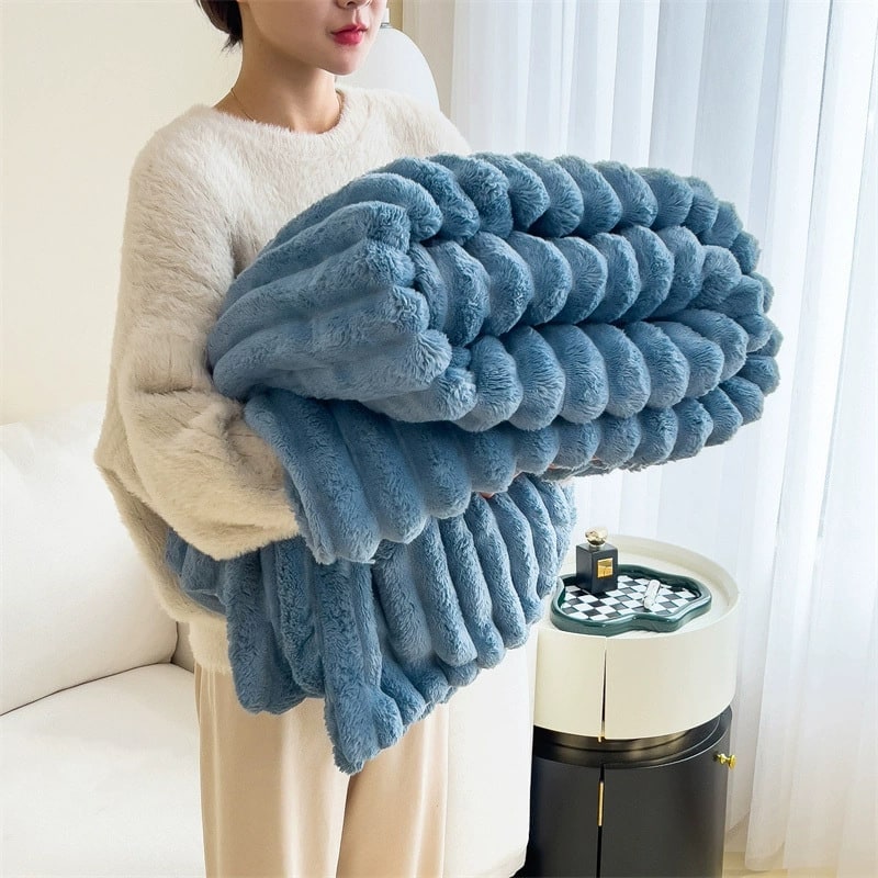 Soft Faux Fur Blanket with Plush Pile Ribbed Texture and Matching Pillowcase - Image 17