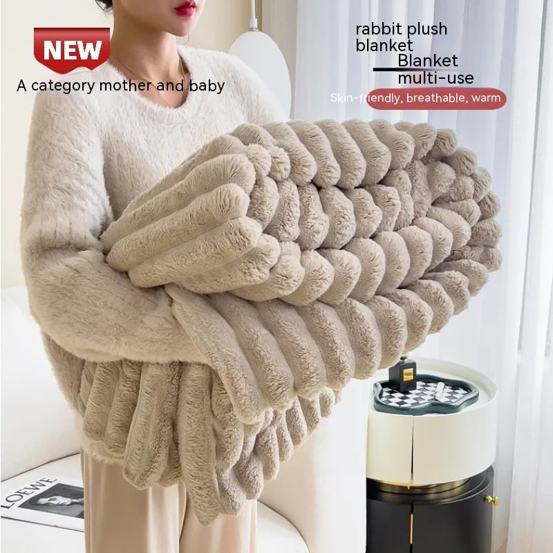 Soft Faux Fur Blanket with Plush Pile Ribbed Texture and Matching Pillowcase - Image 6