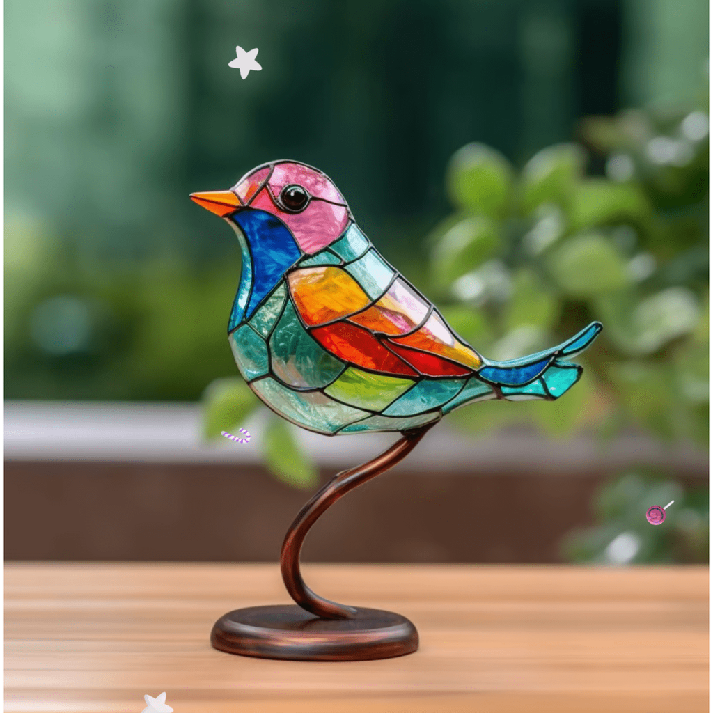 Stained Glass Birds Figurine with Metal Branch Stand and Decorative Base - Image 1