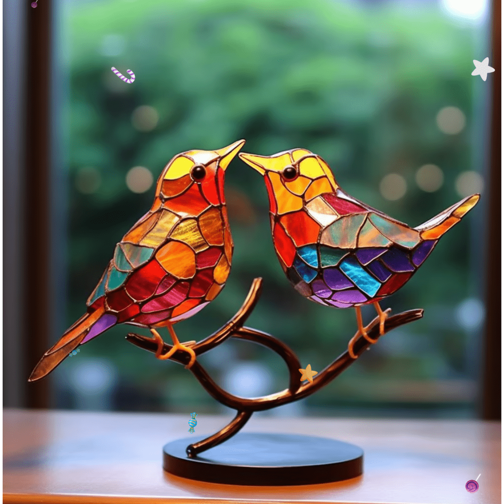 Stained Glass Birds Figurine with Metal Branch Stand and Decorative Base - Image 2