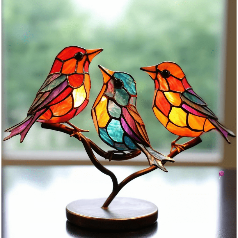 Stained Glass Birds Figurine with Metal Branch Stand and Decorative Base - Image 3