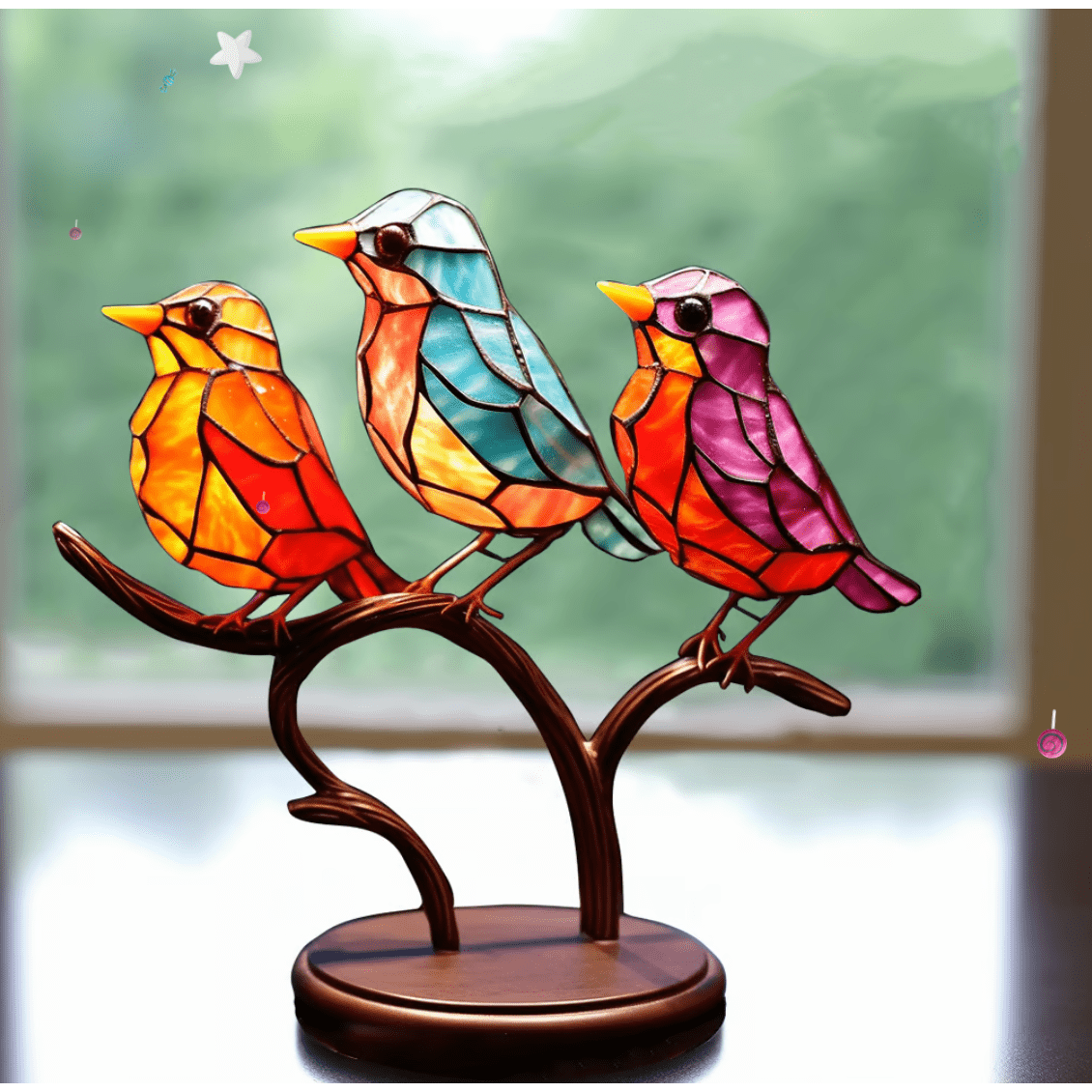 Stained Glass Birds Figurine with Metal Branch Stand and Decorative Base - Image 4