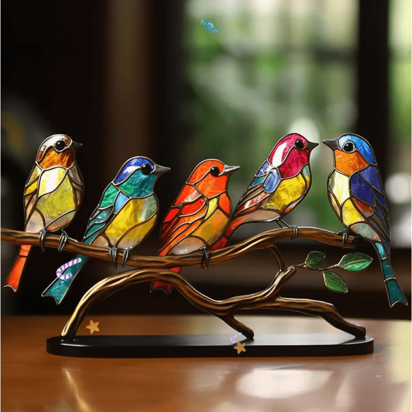 Stained Glass Birds Figurine with Metal Branch Stand and Decorative Base - Image 5