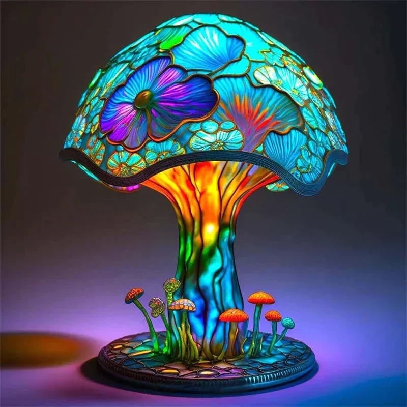 Stained Glass LED Table Lamp with Sculpted Resin Base and Warm Illumination - Image 1