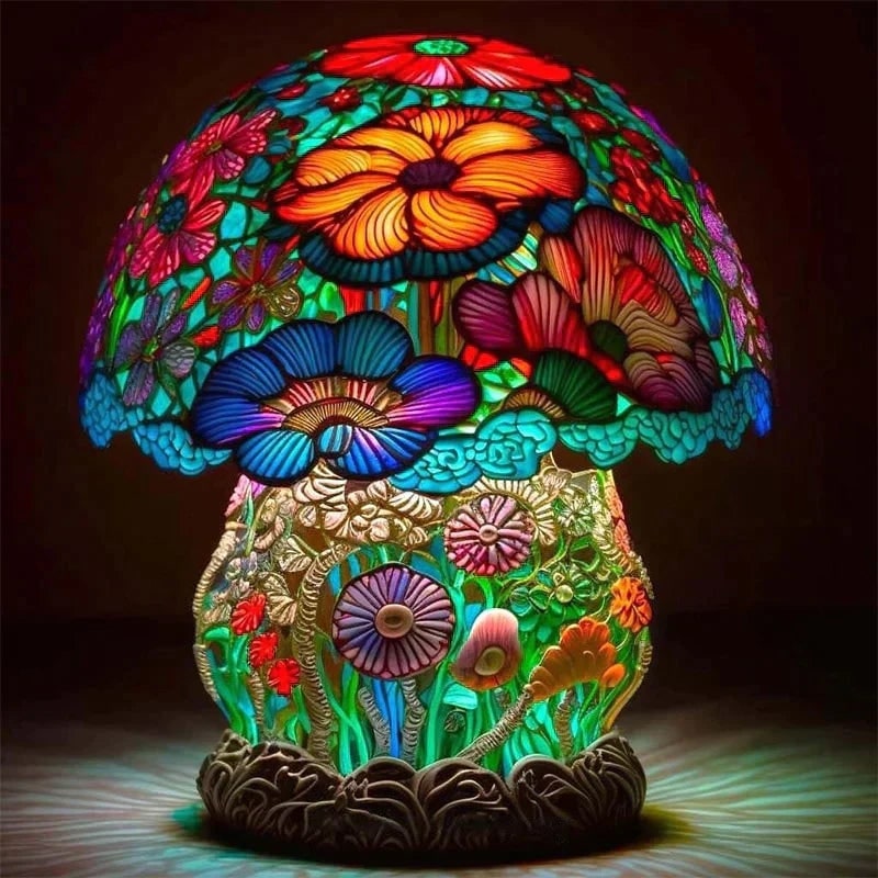 Stained Glass LED Table Lamp with Sculpted Resin Base and Warm Illumination - Image 2