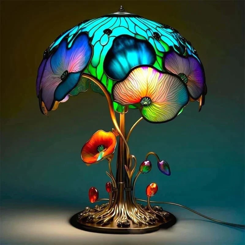 Stained Glass LED Table Lamp with Sculpted Resin Base and Warm Illumination - Image 3