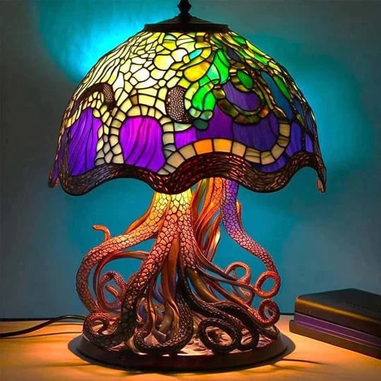 Stained Glass LED Table Lamp with Sculpted Resin Base and Warm Illumination - Image 7