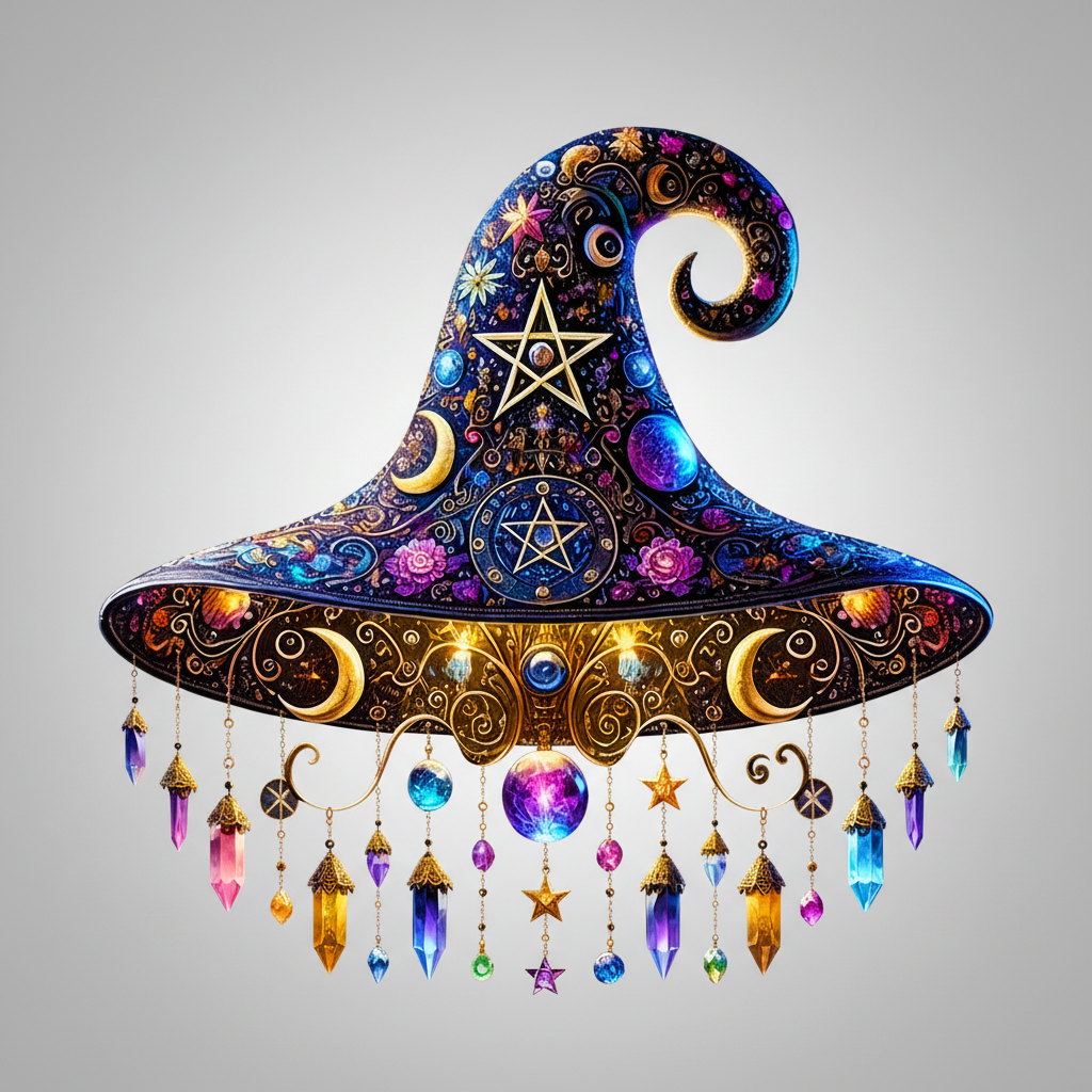 Stained Glass Suncatcher Witch Hat with Dangling Crystal Prisms and Beaded Details - Image 1