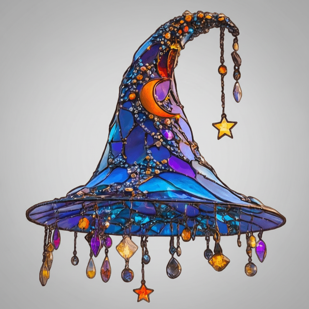 Stained Glass Suncatcher Witch Hat with Dangling Crystal Prisms and Beaded Details - Image 2