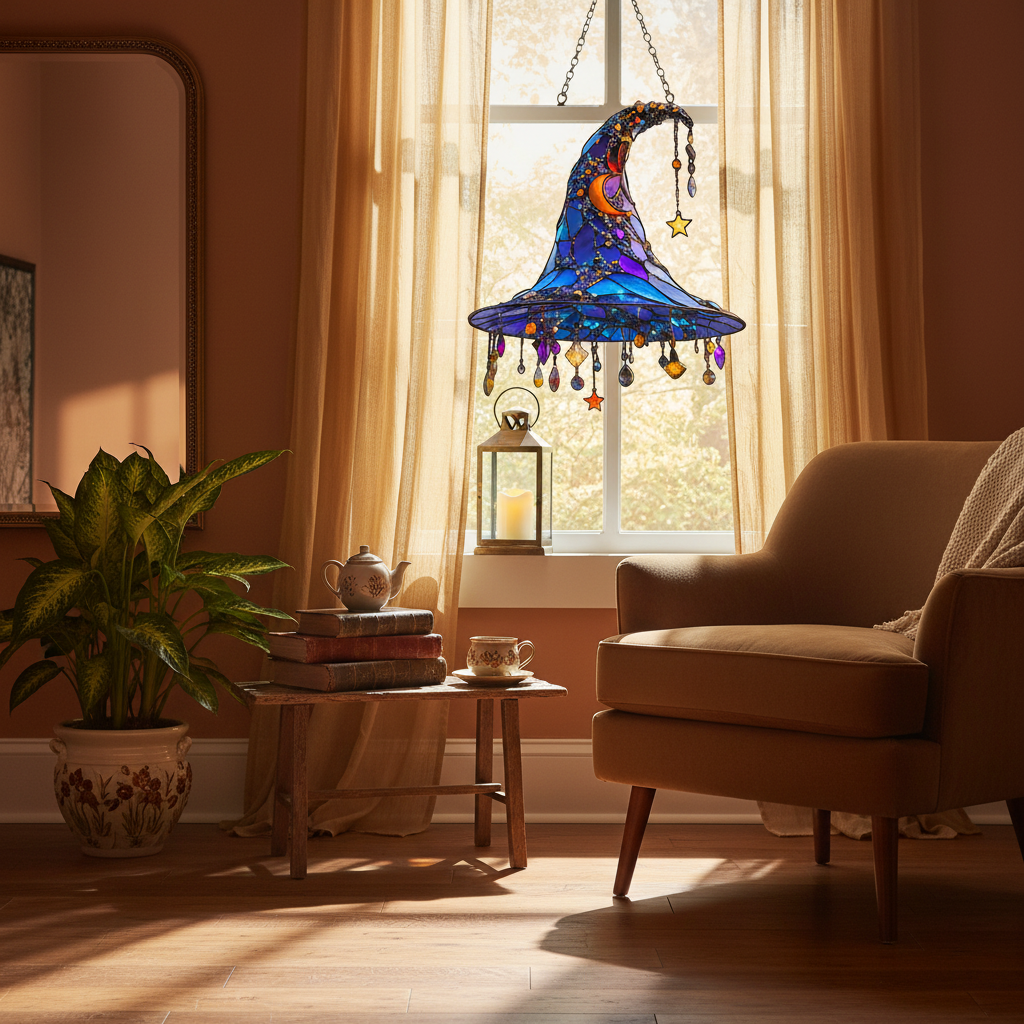 Stained Glass Suncatcher Witch Hat with Dangling Crystal Prisms and Beaded Details - Image 3