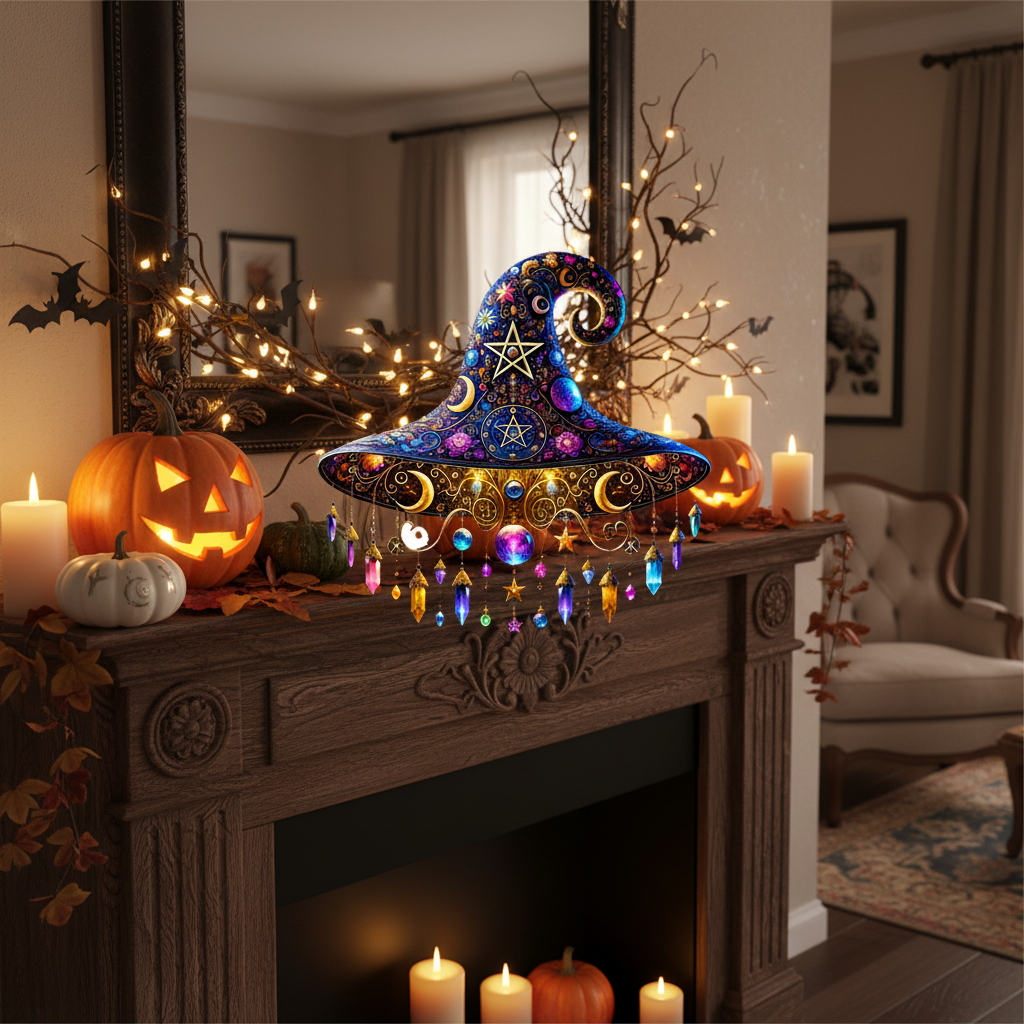 Stained Glass Suncatcher Witch Hat with Dangling Crystal Prisms and Beaded Details - Image 4