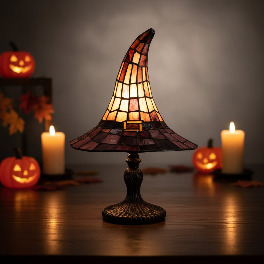 Stained Glass Witch Hat Table Lamp with Bronze Base and Amber Purple Shade - Image 2