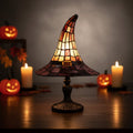 Stained Glass Witch Hat Table Lamp with Bronze Base and Amber Purple Shade - Image 2