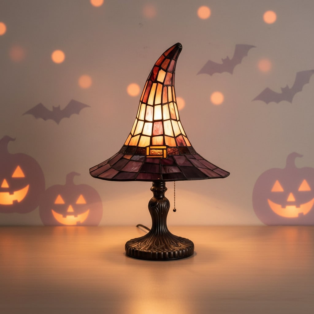 Stained Glass Witch Hat Table Lamp with Bronze Base and Amber Purple Shade - Image 3