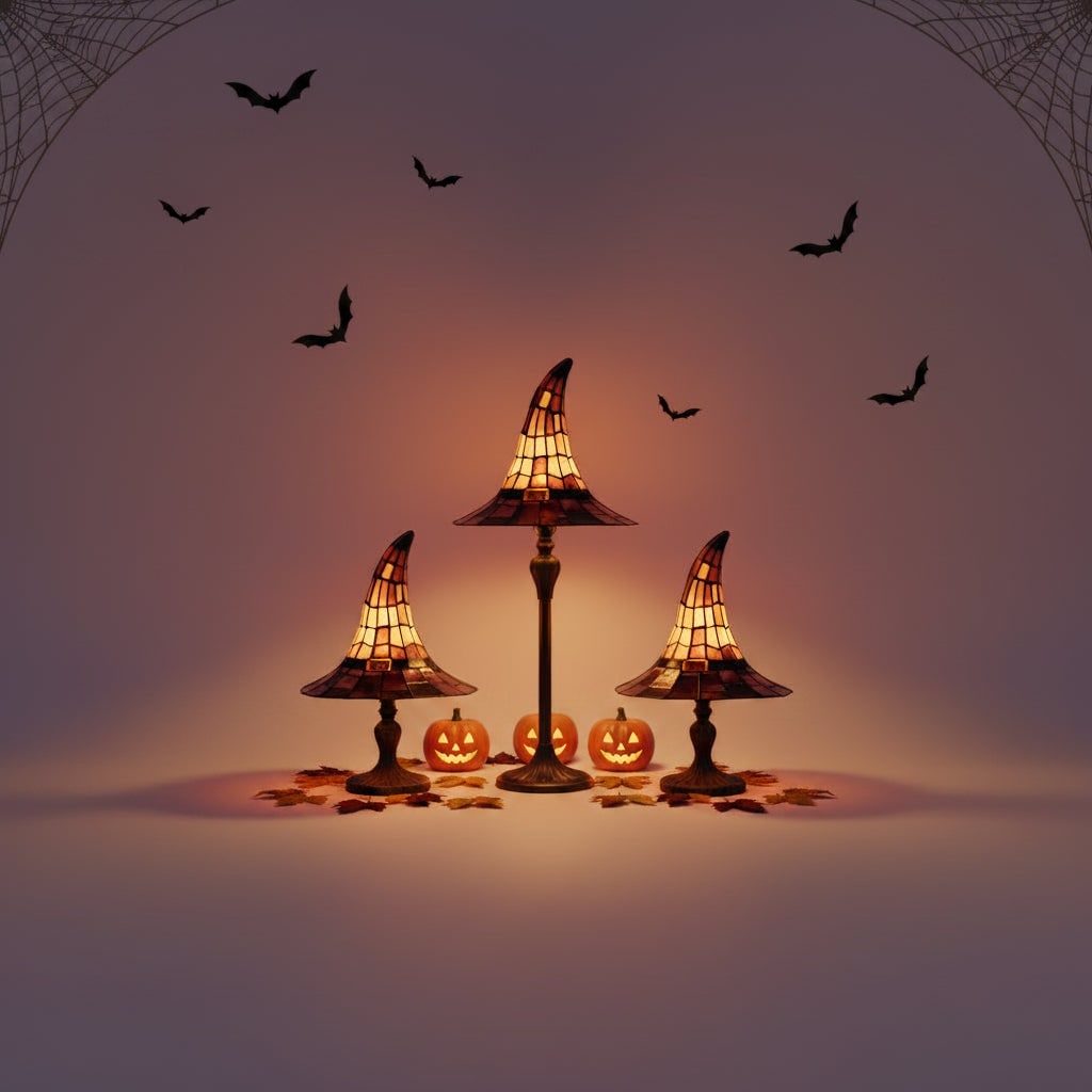 Stained Glass Witch Hat Table Lamp with Bronze Base and Amber Purple Shade - Image 5